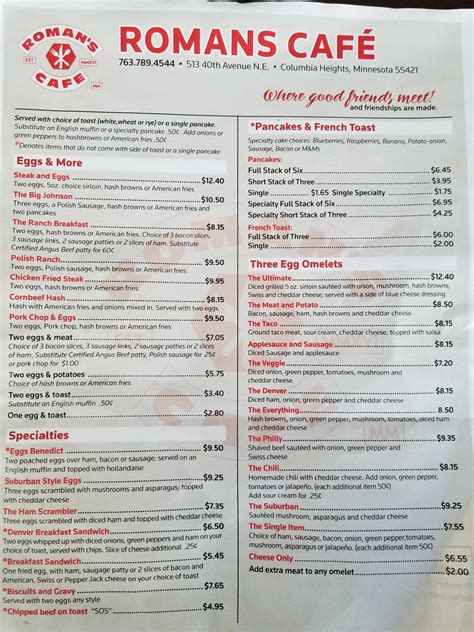 Romans cafe - Roman's Cafe; Menu Menu for Roman's Cafe Everyday Specials Petite Breakfast 1 egg, 1/2 order of hash browns, with choice of 1 slice thick-cut bacon, 1 sausage link or 1 sausage patty. $6.50 Scrambled $0.00 Poached $0.00 Over Hard ...